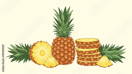 Slices and whole pineapple fruit with green leaves arranged beautifully to represent tropical flavors and healthy nutrition choices.