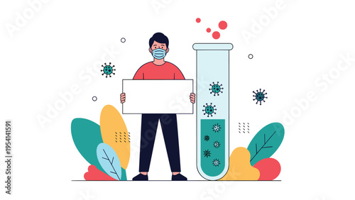 Medical researcher in a mask holding a blank sign next to a test tube containing virus cells during a laboratory study or outbreak.