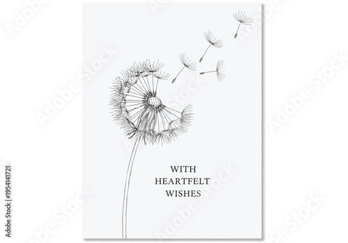 Minimalist dandelion vector illustration, blowing seeds with heartfelt wishes text, elegant floral greeting card art