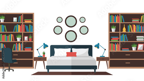Modern bedroom interior featuring a large bed, symmetrical bookshelves, work desk, and stylish circular wall decorations on a wall.