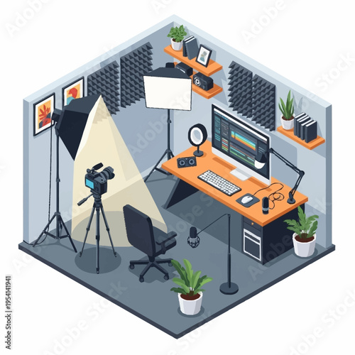 Isometric illustration of a video editing and recording studio with computer, camera, lighting, microphone, and soundproofing panels.