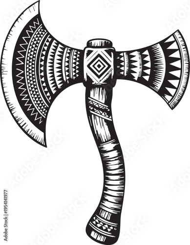 Intricately designed double headed axe with tribal patterns on handle and blades