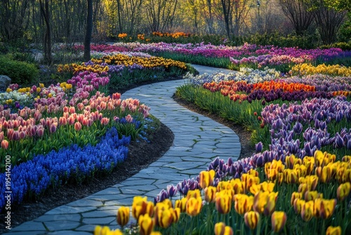 Colorful flower garden with winding path and blooming plants