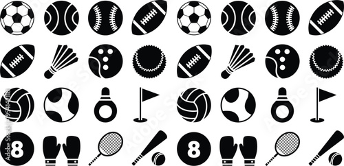 Diverse sports icons collection: soccer, tennis, football, badminton, bowling, golf, volleyball, boxing