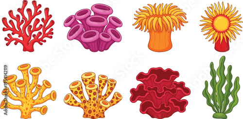 Colorful Cartoon Coral Reef Collection with Sea Anemone and Aquatic Plants Isolated on White Background for Underwater Marine Life Design
