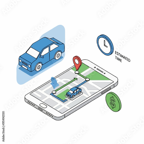 Isometric illustration of a car sharing app on a smartphone with a car, clock, and coin.