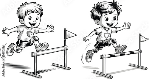 Children hurdles race, cartoon vector illustration of two boys jumping over obstacles