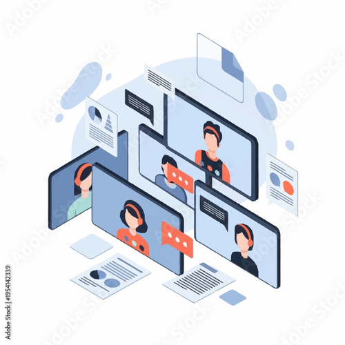 Isometric illustration of a virtual meeting with multiple participants on screens, documents, and chat bubbles.