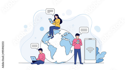 People around the globe using mobile devices and laptops to communicate and access information through global network connections.