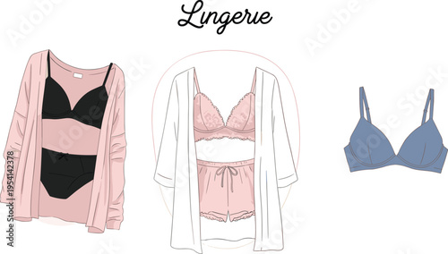 Fashion illustration featuring lingerie sets including bras, panties, shorts, and robes in black, pink, and blue colors showcasing stylish intimate apparel design concepts