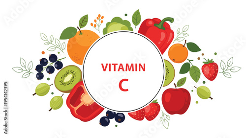Central vitamin c label surrounded by a colorful arrangement of rich fruit and vegetable sources like oranges and strawberries.