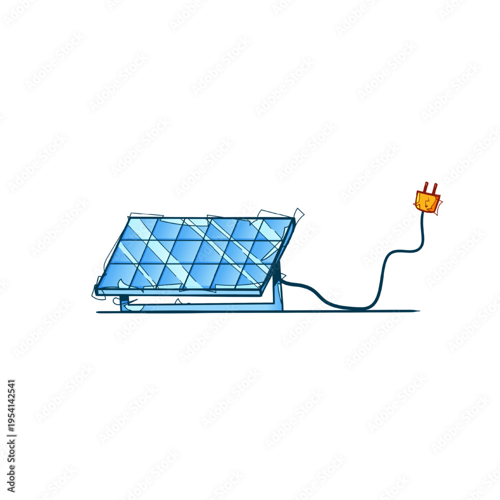 Fototapeta premium Solar Panel on Stand with Power Cable and Plug Hand Drawn Sketch Vector