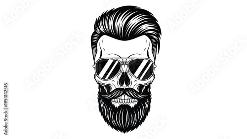 Stylized hipster skull illustration featuring trendy pompadour hairstyle thick beard groomed mustache and aviator sunglasses for barber shop.