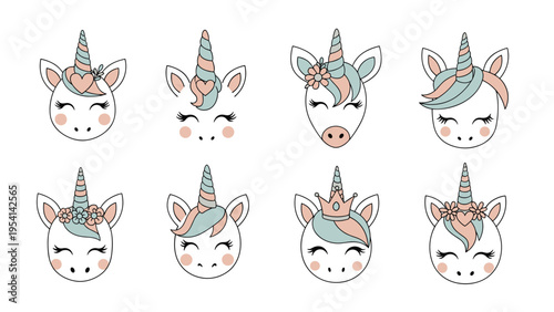 Collection of cute unicorn face icons with different floral crowns hearts and tiaras for children party decorations and nursery wall art.