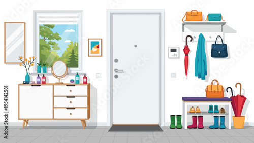 Modern entrance hallway interior with white door storage cabinet mirror coat rack shoes and umbrellas in contemporary flat vector design.