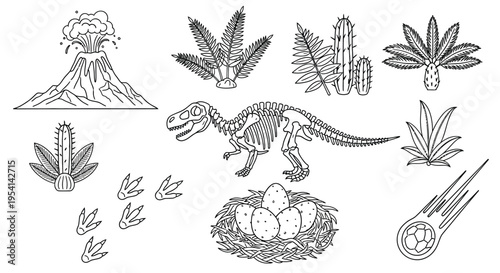 A dinosaur skeleton stands near its nest with eggs, surrounded by various prehistoric plants and a volcano erupting in the background.