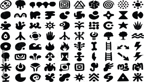 Collection of Diverse Black Primitive Symbols and Icons on White Background
