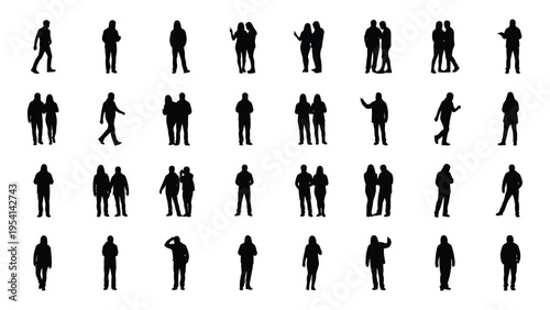 Collection of 36 black silhouettes of people in various poses and actions