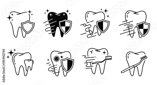 Teeth icons with shields illustrate dental health and protection concepts.