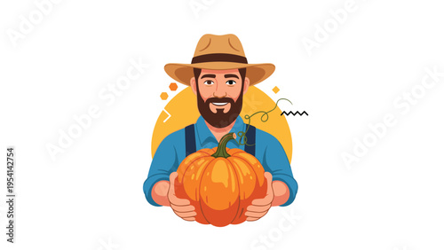 Friendly male farmer in hat and overalls holding large orange pumpkin against yellow circle background for harvest festival themes.