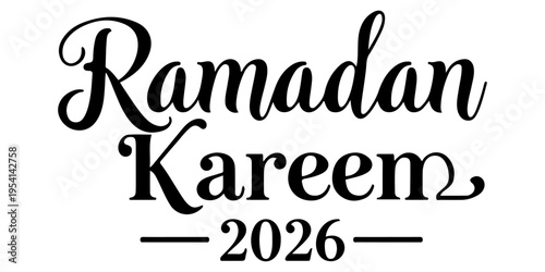 ramadan kareem elegant calligraphy text with crescent moon symbol, black brush script lettering isolated on white background for islamic holy month greeting cards, posters and banner design. 