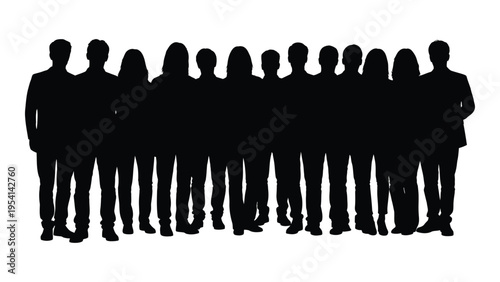 A group of people standing together in a line as silhouettes