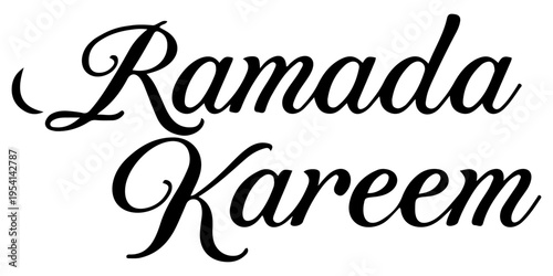 ramadan kareem elegant calligraphy text with crescent moon symbol, black brush script lettering isolated on white background for islamic holy month greeting cards, posters and banner design. 