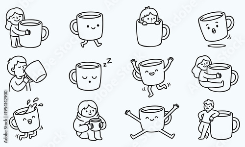 Cute Coffee Cups with Faces and People Characters Doodle Style Stock Illustration
