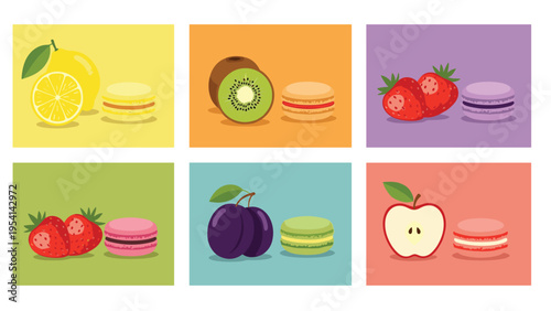 Set of six colorful compositions featuring different fruits and matching flavored macarons on vibrant solid color background squares.