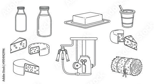 An illustration of various dairy products and a milk churn are displayed on a table indoors.