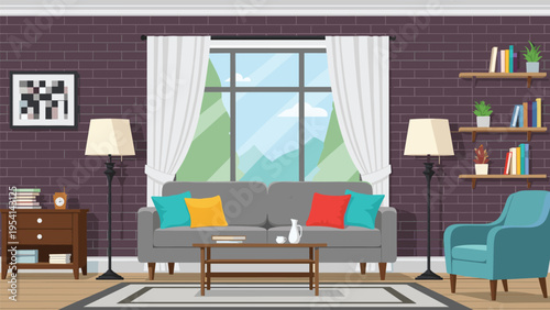 Cozy living room interior with gray sofa colorful pillows bookshelves floor lamps and mountain view through the window in flat style.