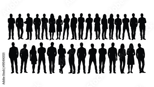 A group of 32 black silhouettes of people standing in two rows on a white background
