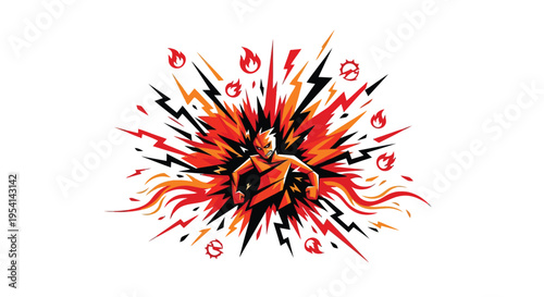 An explosion of vibrant flames engulfs an intense graphic illustration.