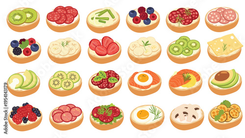 Large collection of different bruschettas and toasts with various fruit vegetable meat and egg toppings for catering and snack ideas.