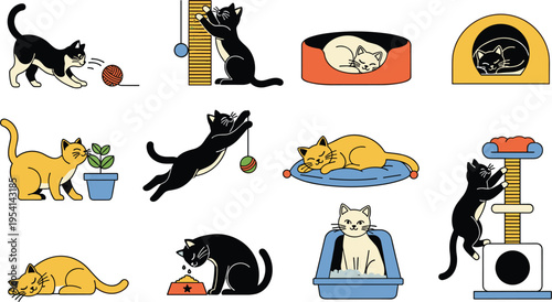 Collection of cute cats engaged in various activities like playing sleeping and eating
