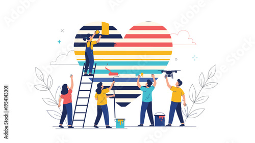 Creative team of people painting a large heart shaped mural with colorful stripes on a wall for community and love concepts.