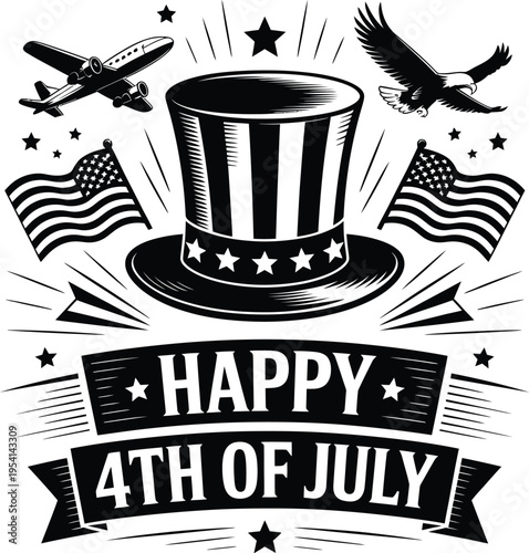 Happy 4th of july uncle sam hat design with flag, eagle, and airplane, independence day