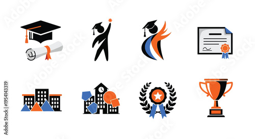 Graduation ceremony icons showcase awards and education symbols in a celebratory setting with people.