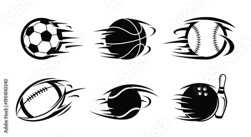 Motion blur sports icons including soccer ball, basketball, baseball, rugby ball, tennis ball, and bowling ball.