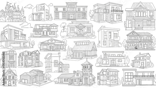 Large collection of diverse architectural house sketches featuring different building styles from classic to modern and suburban homes.