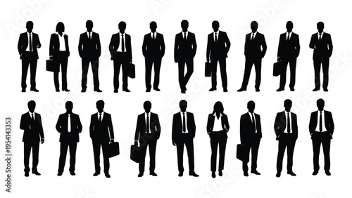 Collection of businessmen in formal attire standing in two rows
