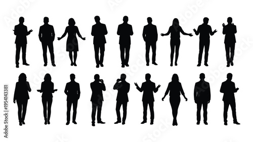 Collection of 14 black silhouettes of business people in various poses