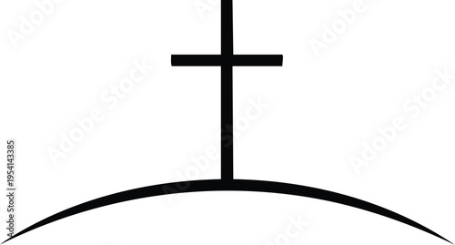 Black cross on white background with curved hill