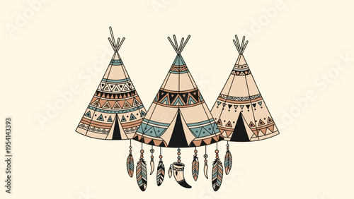 Three traditional Native American teepees decorated with geometric patterns and feathers against soft cream background for ethnic themes.