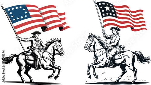 Colonial man on horseback with historical american flags, revolutionary war depiction, united states
