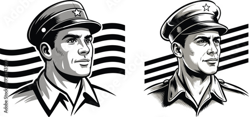 Two military officers portraits, black and white illustration, conveying leadership and service with american flag background