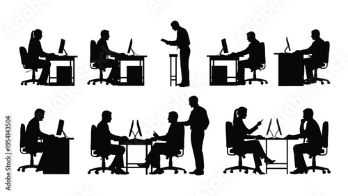 Office workers in various positions and interactions in black silhouette