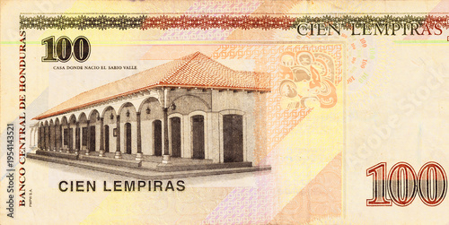 Honduras currency, Honduran banknote of 100 lempiras denomination issued by Banco Central De Honduras.