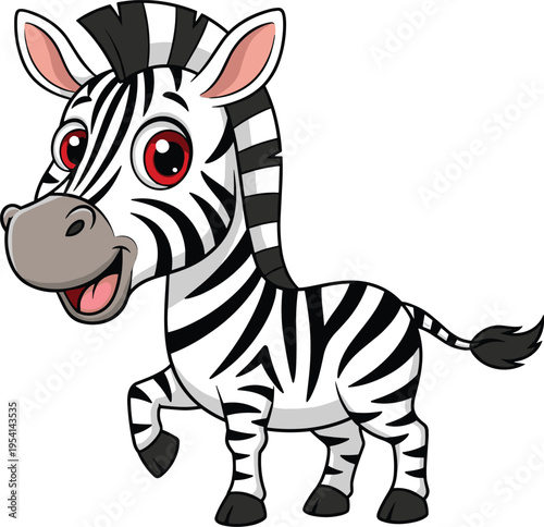 Adorable, Cartoon, Zebra, Character, with, Black, and, White, Stripes, and, Red, Eyes, Isolated, on, White, Background, for, Kids, Safari, Illustration
