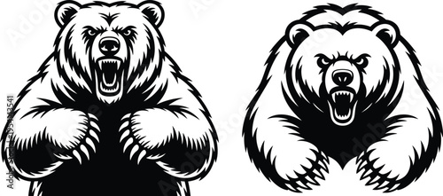 Two aggressive grizzly bear heads, roaring with open mouths, black and white illustration symbolizing power and wild nature